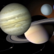 An artist's impression of our solar system with separate representations of scale and size.